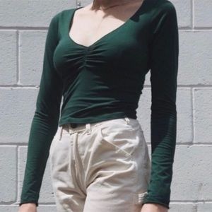 Brandy Melville Green Ruched Long Sleeve